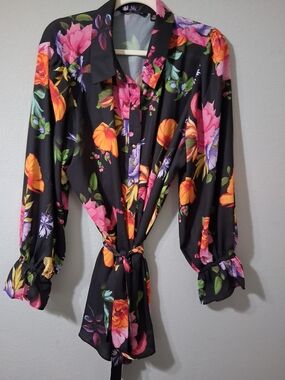 IMAN Black Button-Down Tie-Front Shirt with Pink & Orange Floral Print